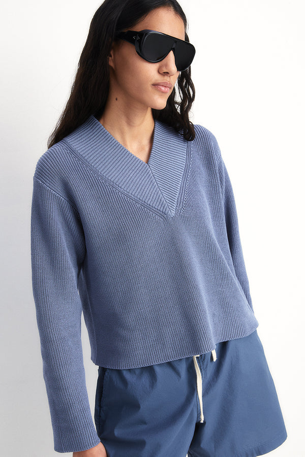 Cotton Knit Purl Stitch V-Neck Sweater