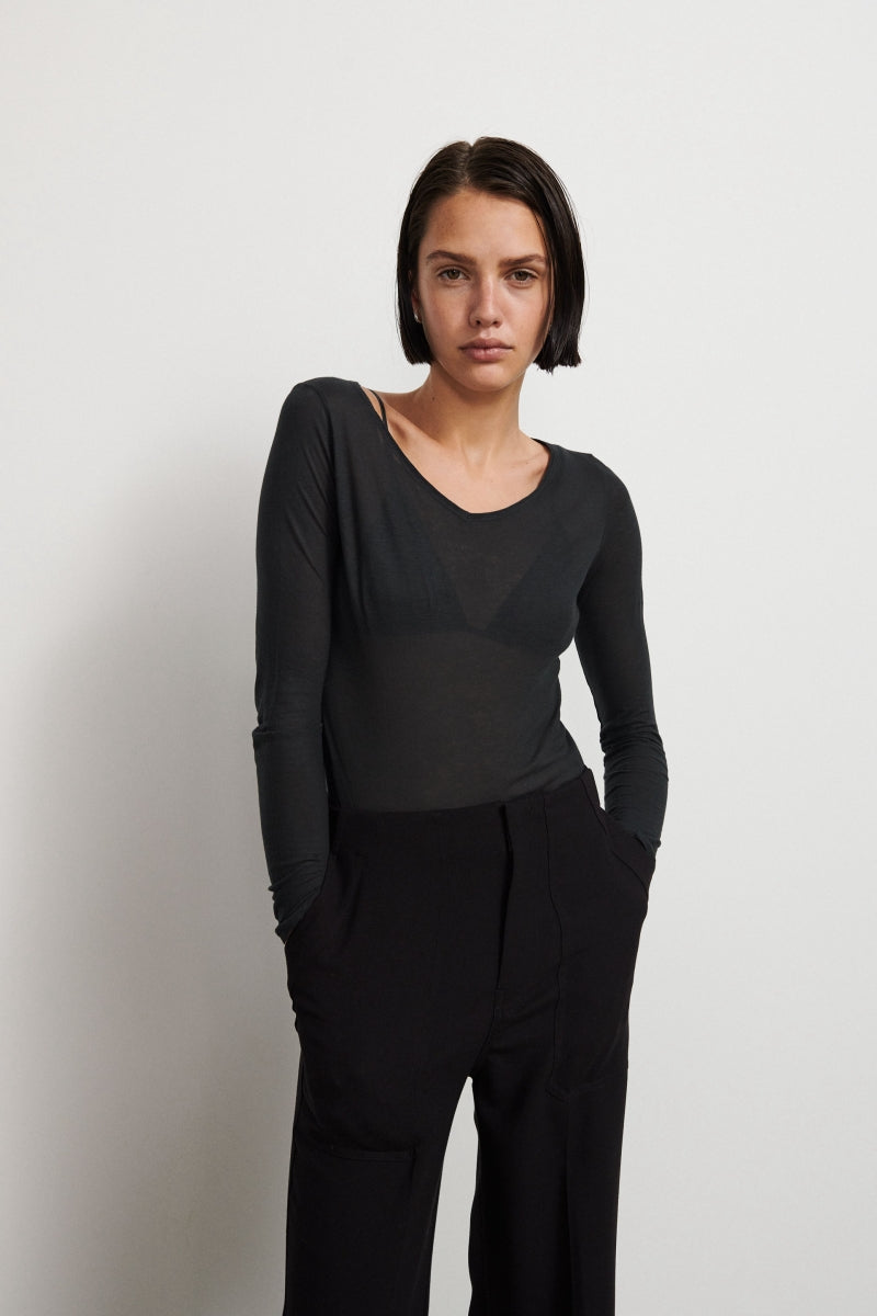 Camiseta ultrafina algodón con manga larga y escote V