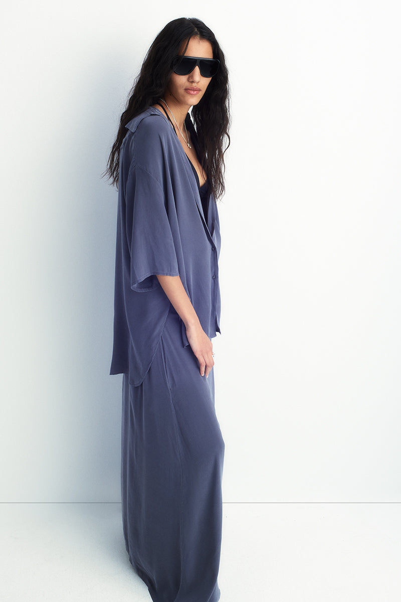 Oversized silk shirt with short sleeves