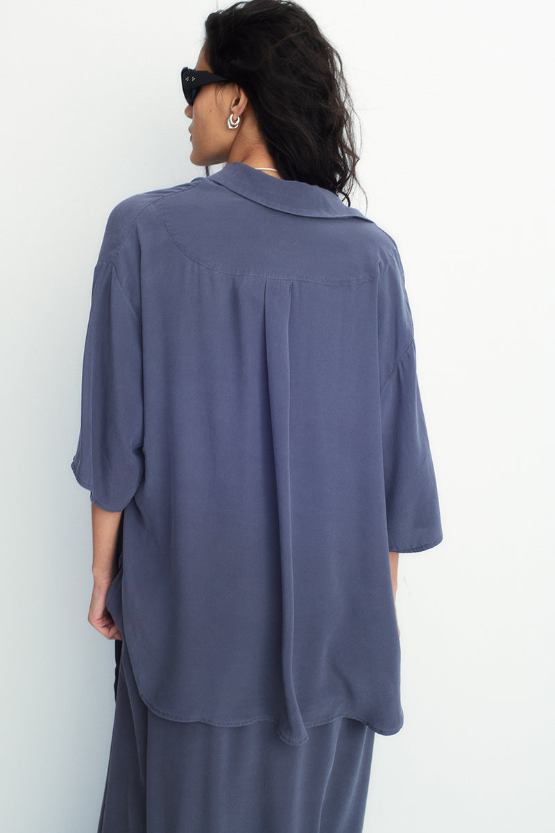 Oversized silk shirt with short sleeves