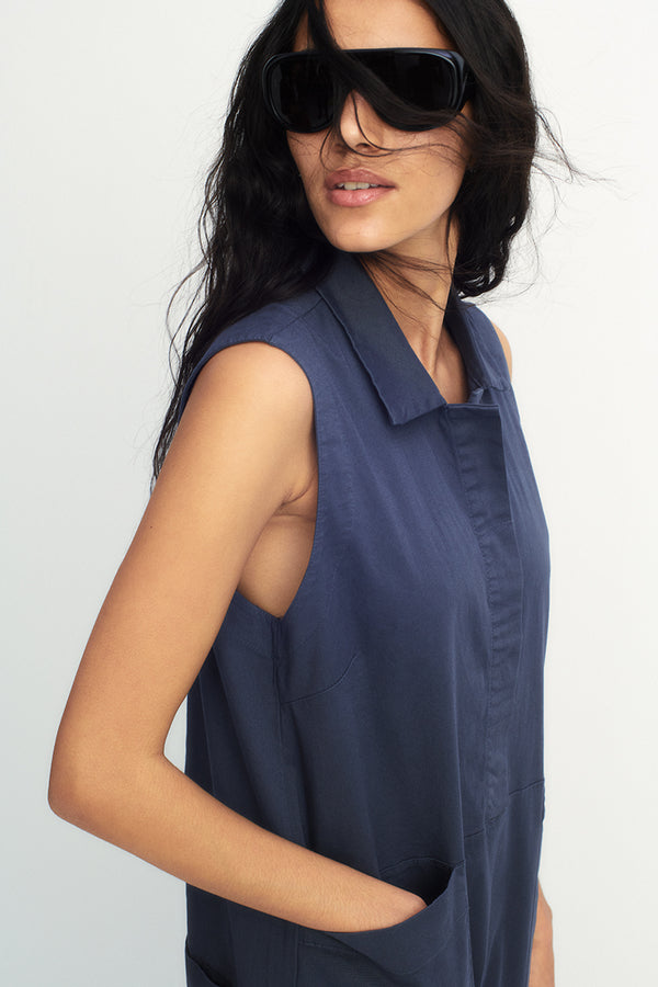 Cotton sleeveless jumpsuit with polo neck