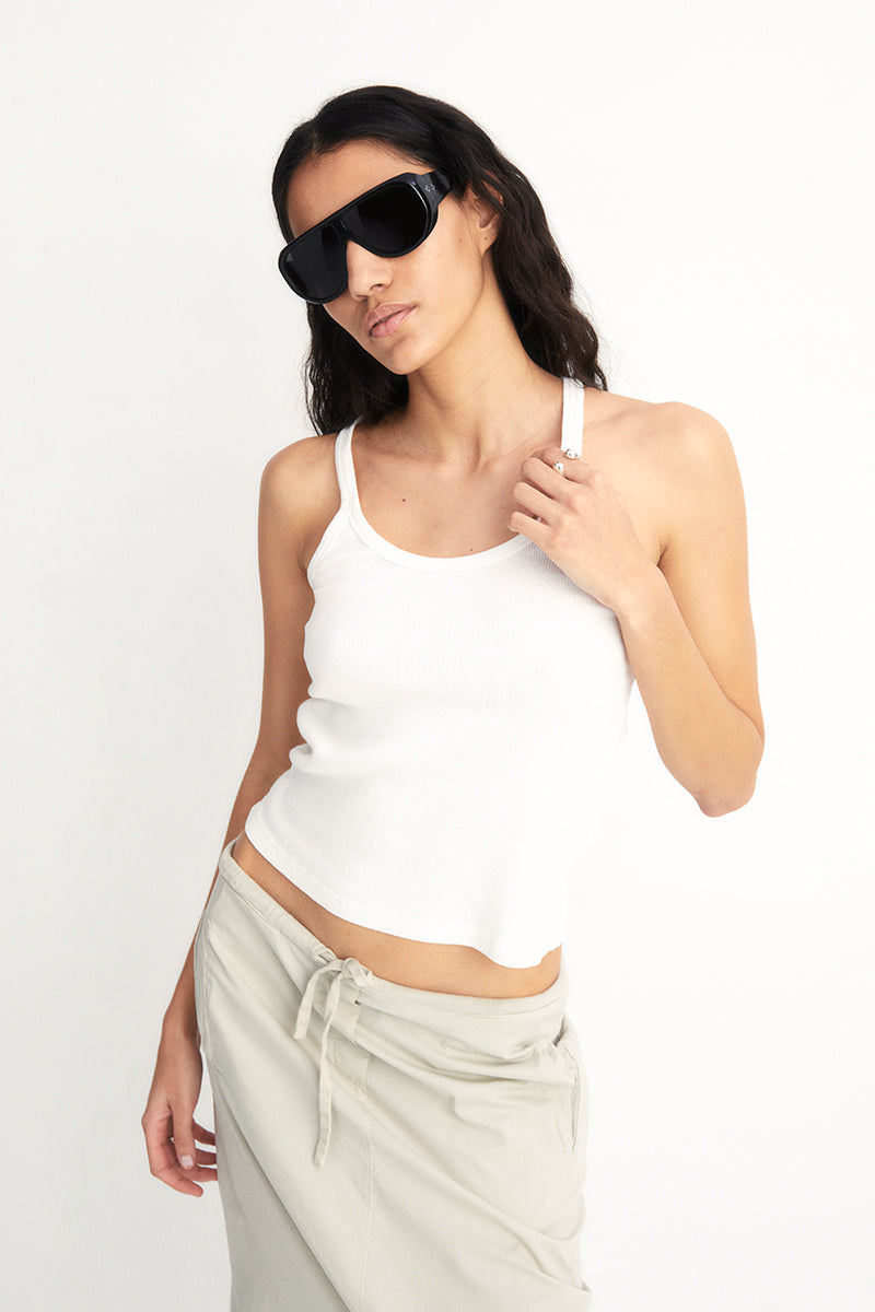 Cotton ribbed top with straps and open neckline