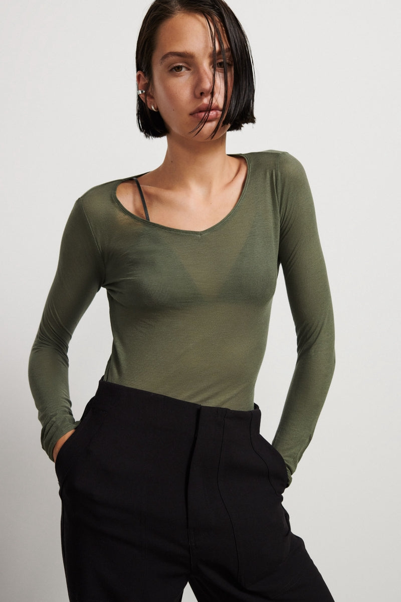 Camiseta ultrafina algodón con manga larga y escote V