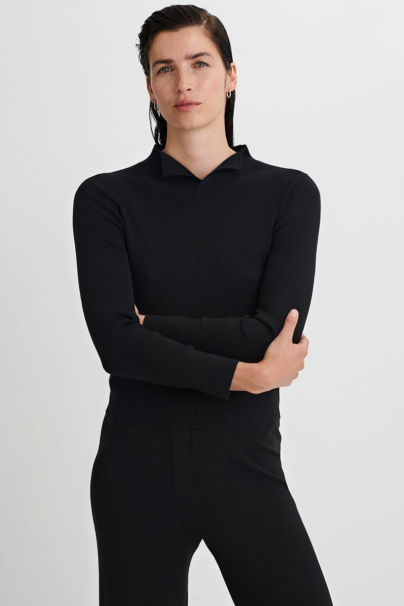 Double-face knit sweater with open mao collar