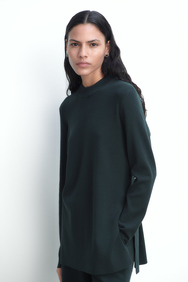 Long double-knit sweater with side slits