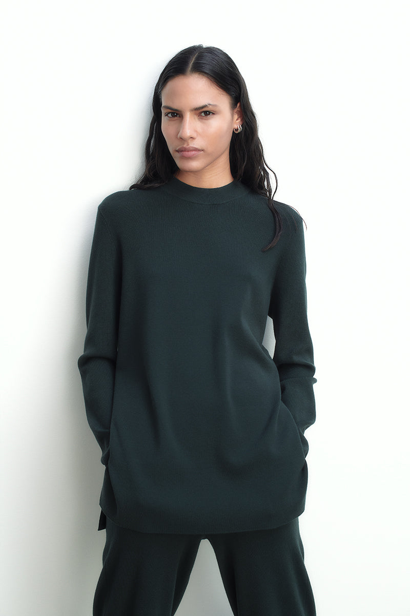 Long double-knit sweater with side slits