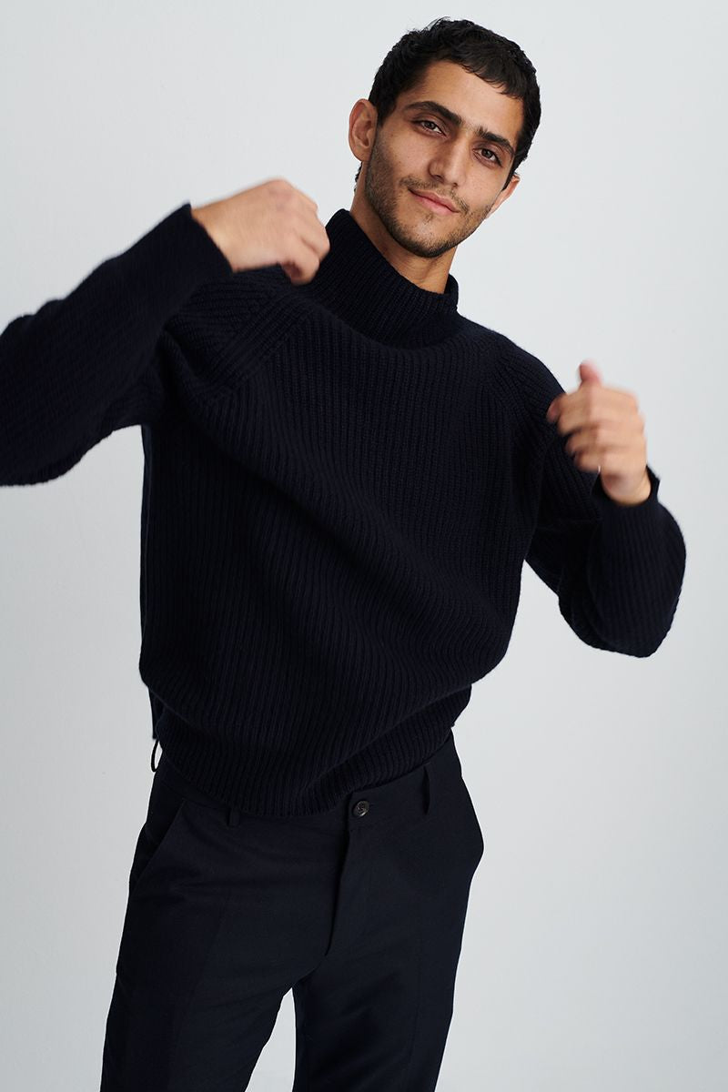 Cashmere sweater with open turtleneck