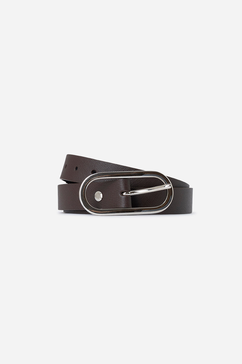 Leather belt with oval buckle