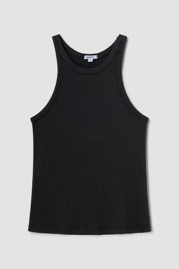 Sleeveless cotton ribbed top with closed neck