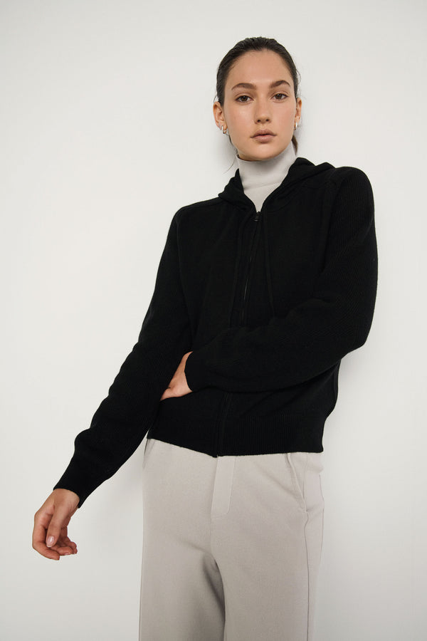 100% Cashmere knit hoodie - Black