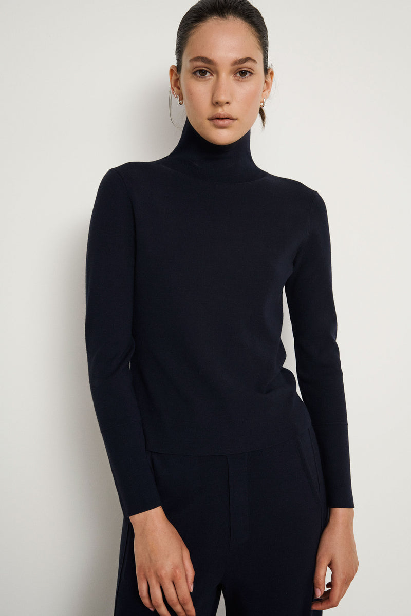Jersey de punto doble con cuello alto - Deep Sea  - 72% Viscosa 28% Elastano