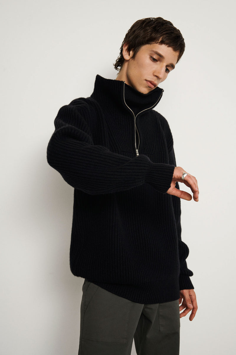 Zipped turtleneck cashmere sweater - Black