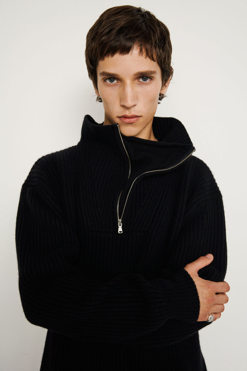 Jersey de cashmere con cuello alto y cremallera - Black  - 100% Cashmere