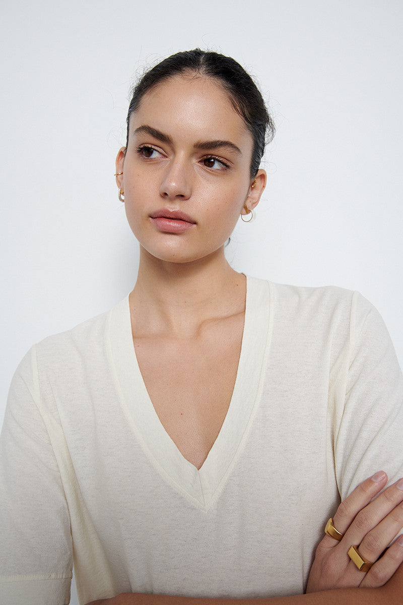 V neck crepped cotton Tshirt - Ecru