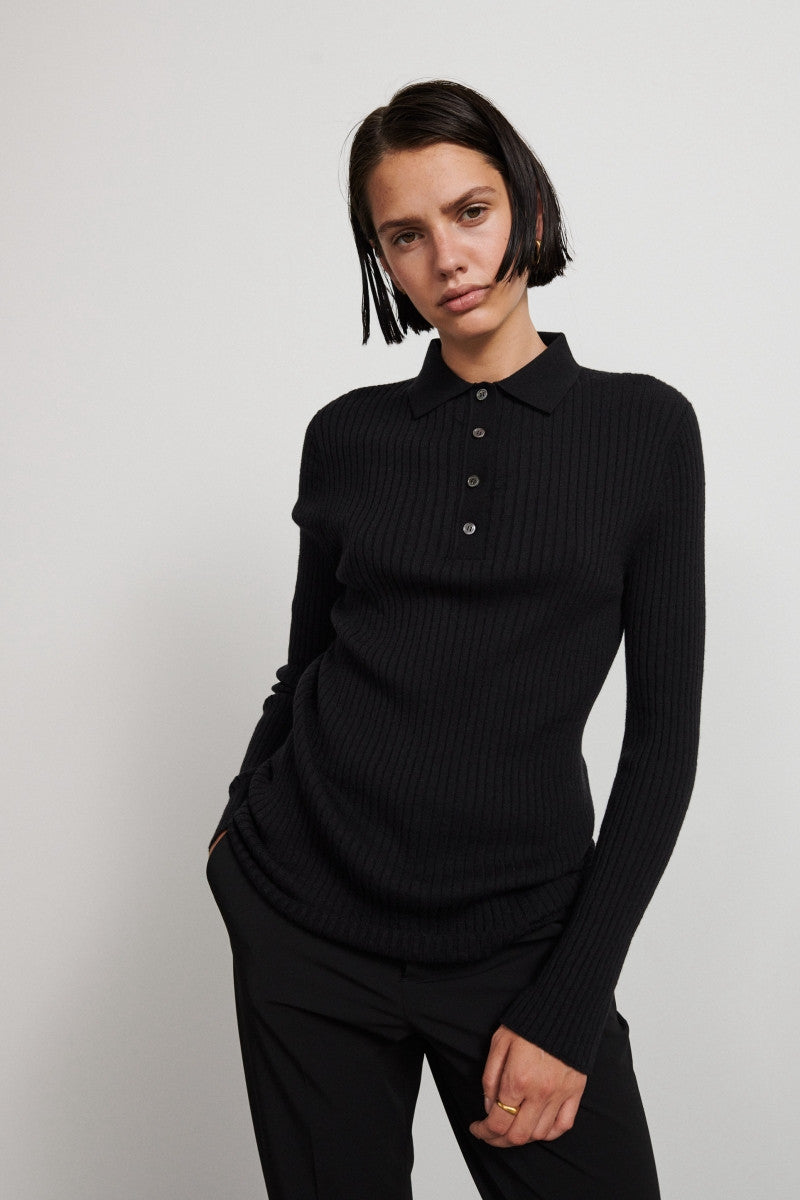 Ultralight cashmere ribbed polo - Black
