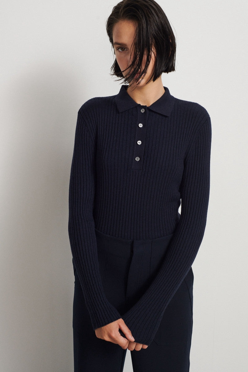 Ultralight cashmere ribbed polo - Deep Blue